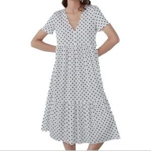 Zara Polka Dot Midi Dress White Black Short Sleeve V-Neck Pullover Size M Medium